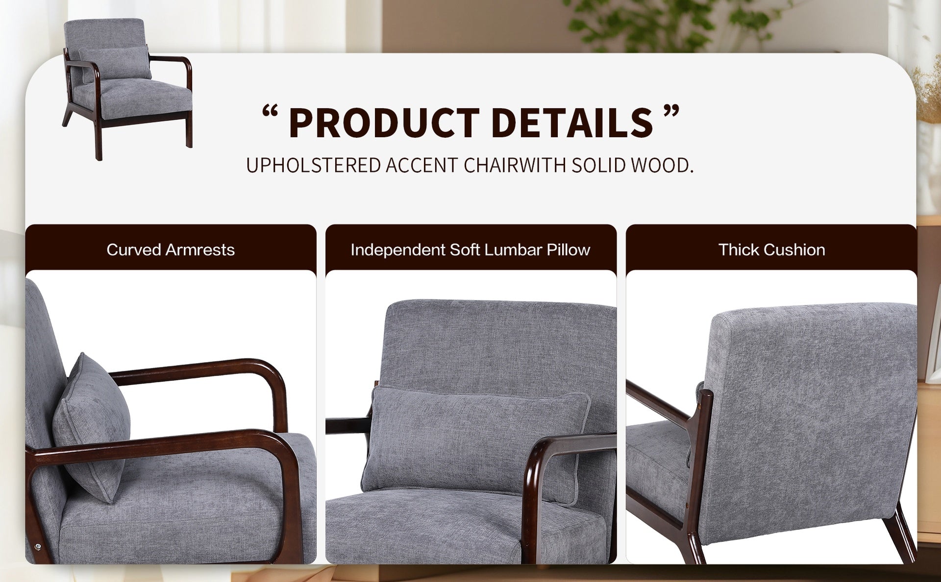 Mid Century Modern Armchair, Accent Chair with Solid Wood Frame and Detachable Lumbar Pillow for Living Room, Bedroom, Office(Antique Dark Grey)