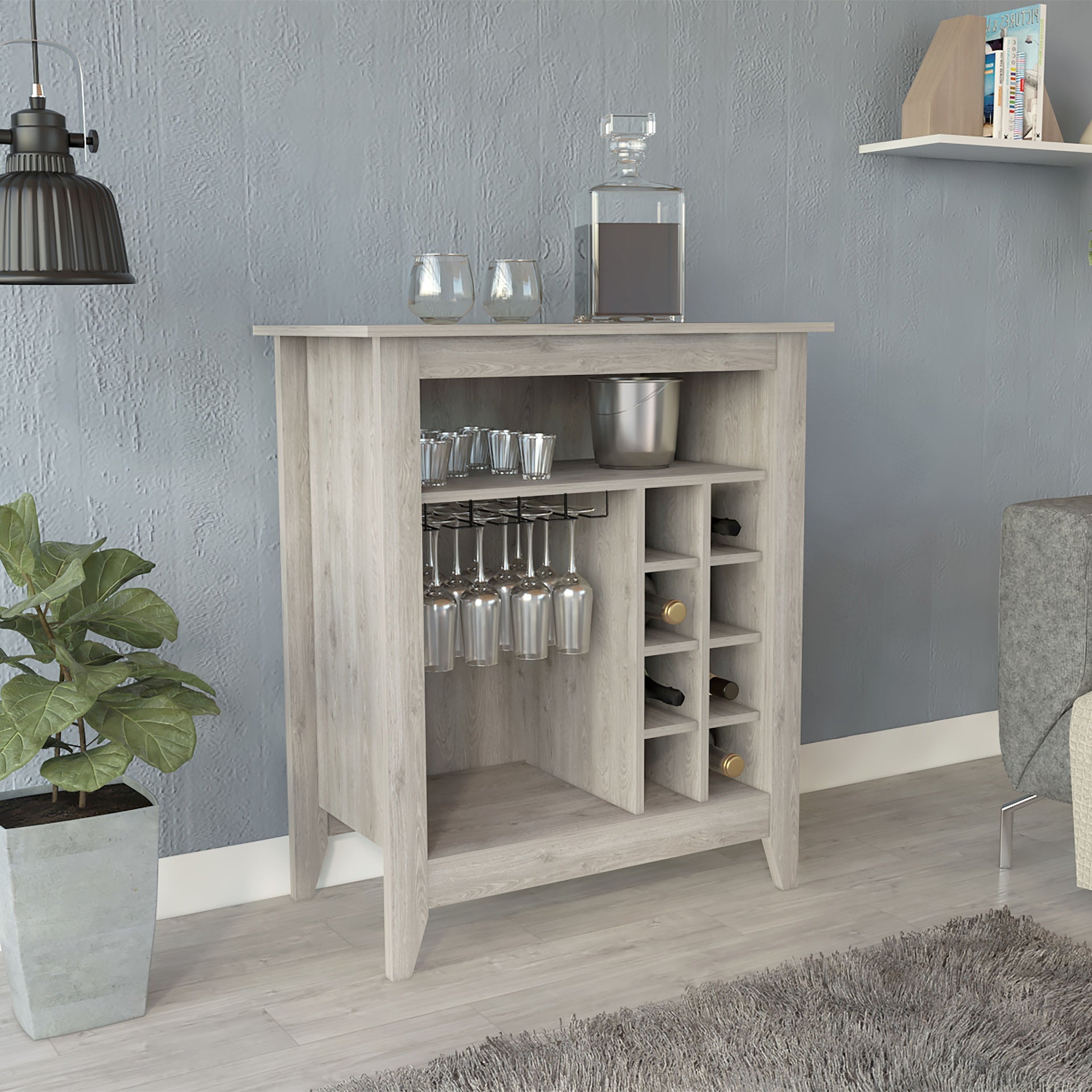 Essential Bar Cabinet, One Open Shelf, Six Built-in Wine Rack, One Drawer -Light Gray