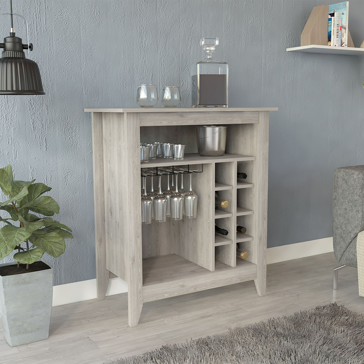 Essential Bar Cabinet, One Open Shelf, Six Built-in Wine Rack, One Drawer -Light Gray