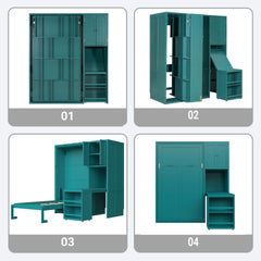 Twin Size Rotating Wall Murphy Beds with Bookshelf, Top Cabinet, Extendable Desk & Side Storage, Teal
