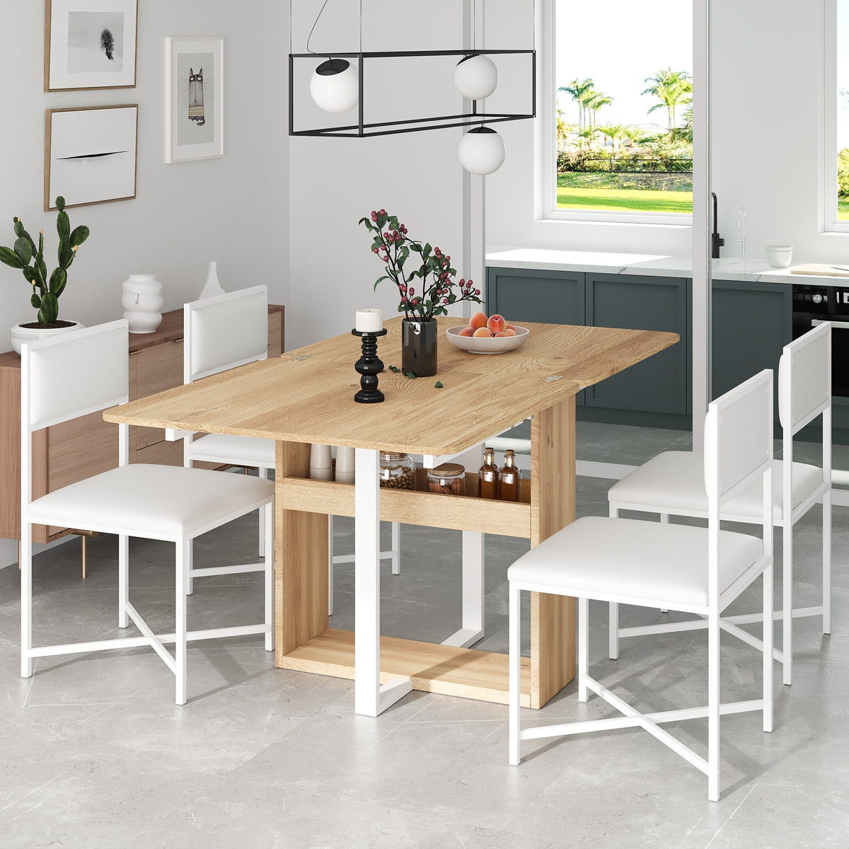 TOPMAX Modern Compact 63inch 5-Piece Extendable Dining Table Set, Foldable Square Kitchen Table Set with Storage Rack and 4 PU Leather Upholstered Dining Chairs for Small Places, White