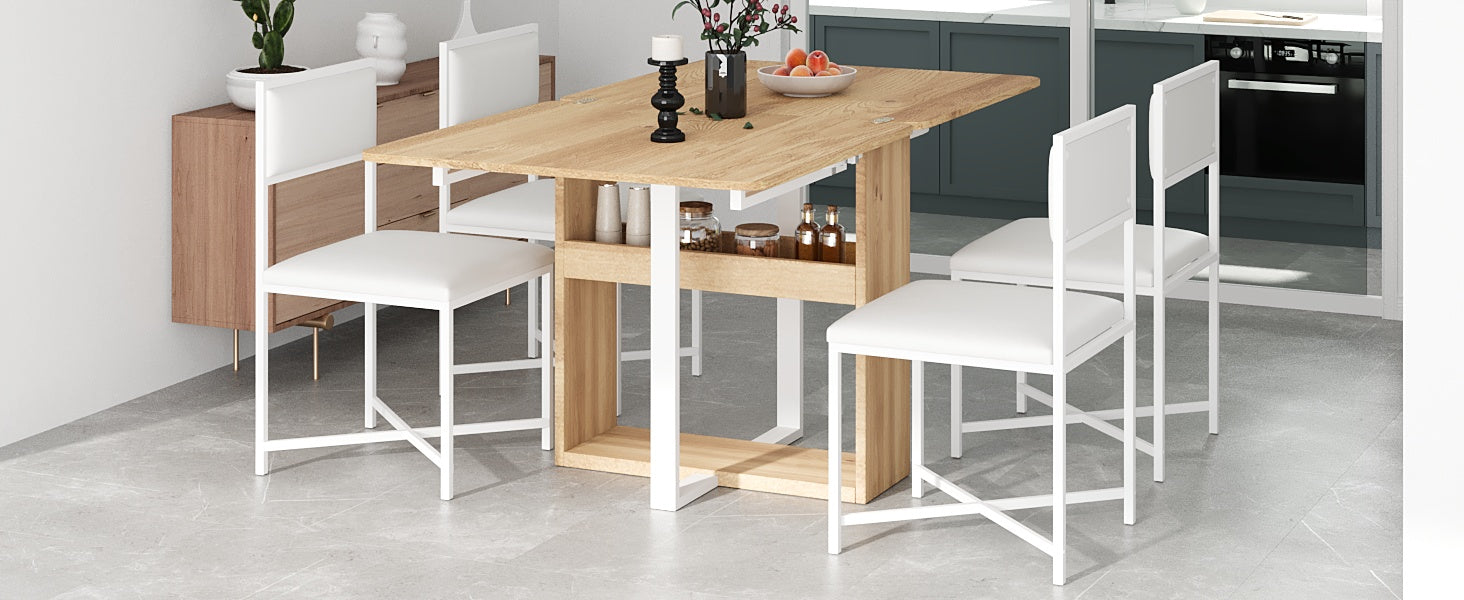 TOPMAX Modern Compact 63inch 5-Piece Extendable Dining Table Set, Foldable Square Kitchen Table Set with Storage Rack and 4 PU Leather Upholstered Dining Chairs for Small Places, White
