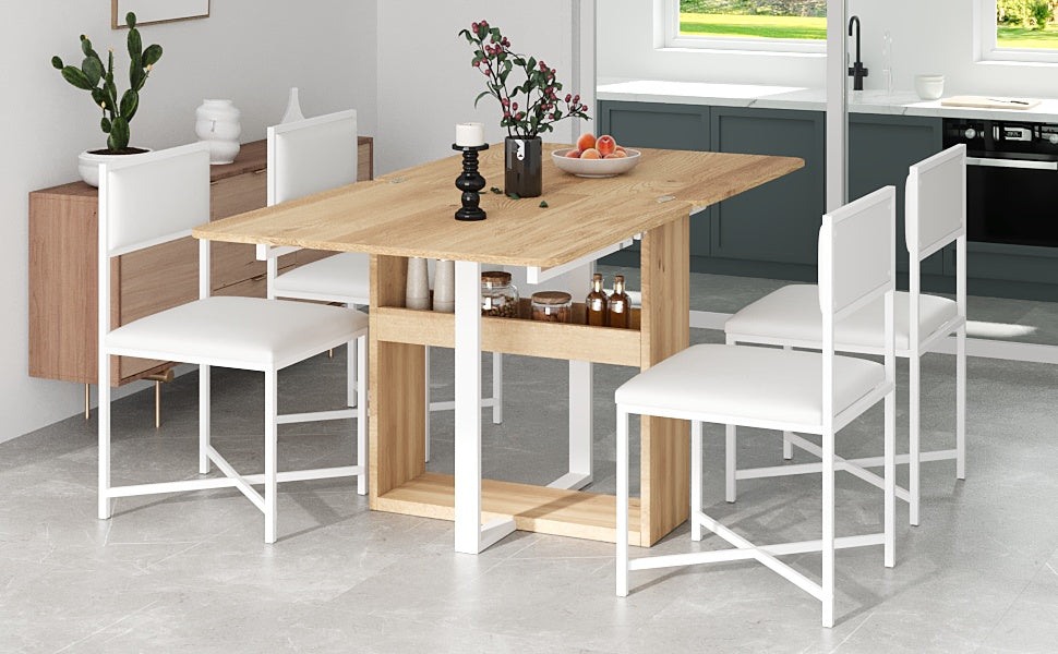 TOPMAX Modern Compact 63inch 5-Piece Extendable Dining Table Set, Foldable Square Kitchen Table Set with Storage Rack and 4 PU Leather Upholstered Dining Chairs for Small Places, White