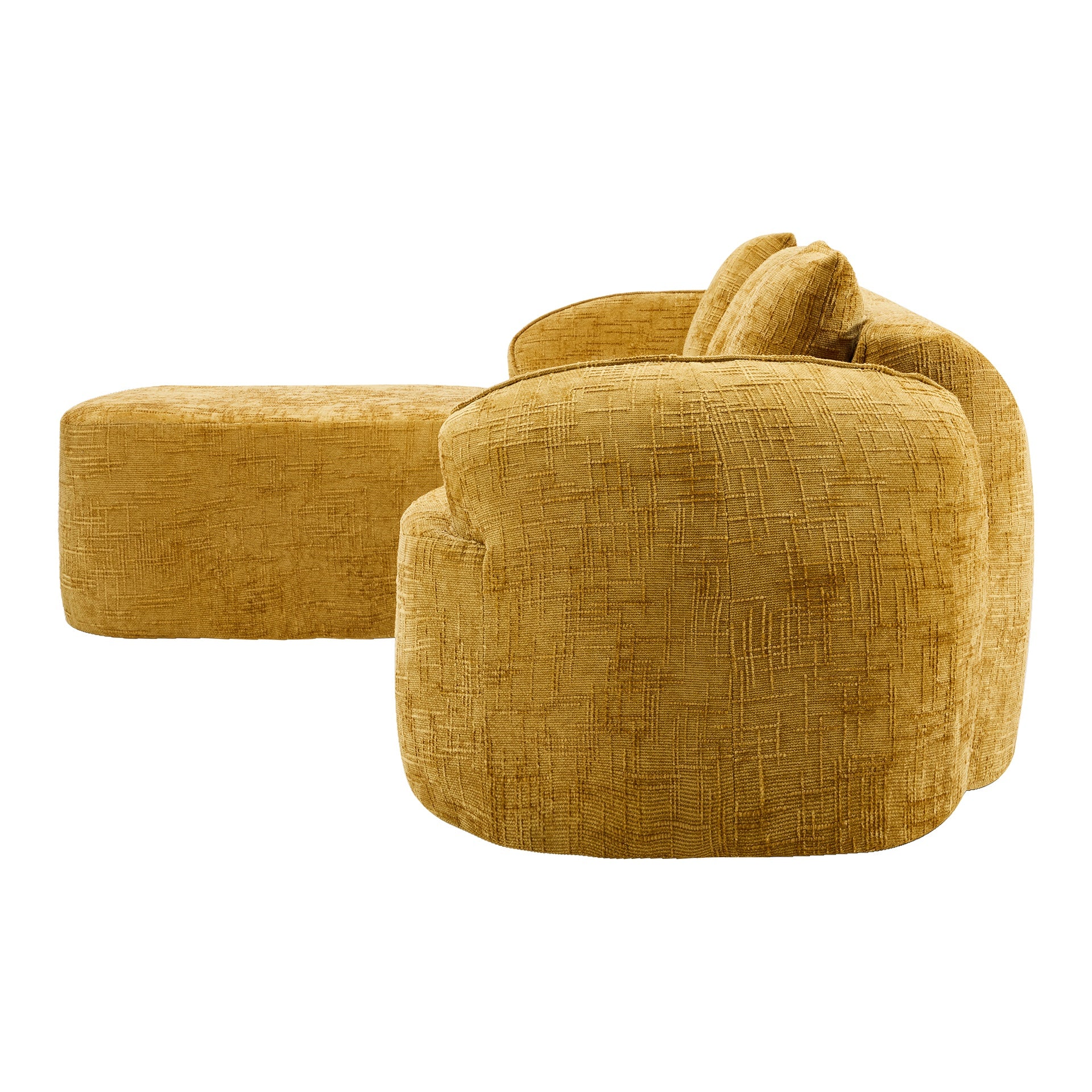 Yellow chenille L-shaped compressed sofa that goes well with any living room. It features high-elastic sponge for a comfortable sitting feel,  curved armrests and four throw pillows.
