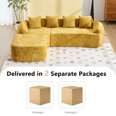 Yellow chenille L-shaped compressed sofa that goes well with any living room. It features high-elastic sponge for a comfortable sitting feel,  curved armrests and four throw pillows.