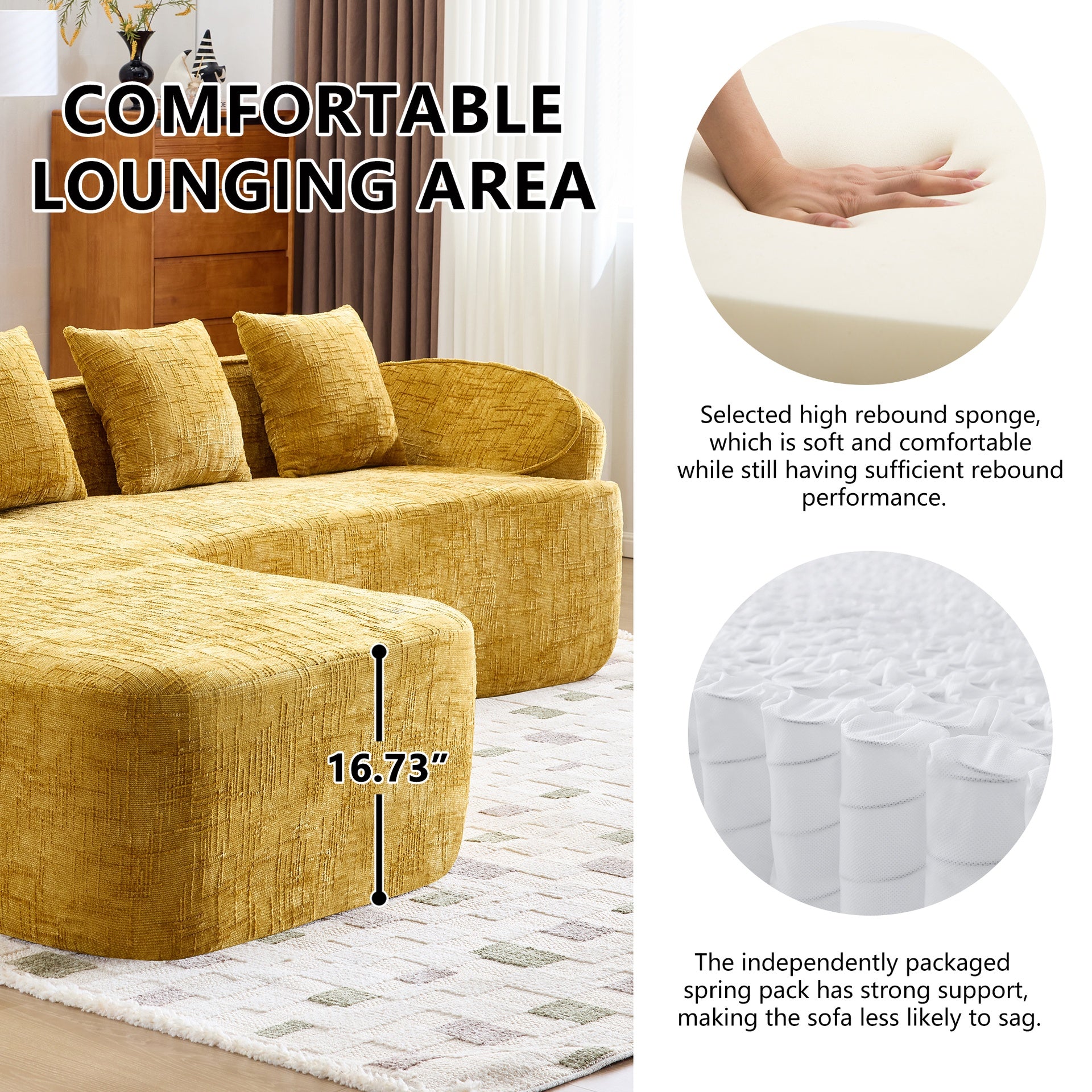 Yellow chenille L-shaped compressed sofa that goes well with any living room. It features high-elastic sponge for a comfortable sitting feel,  curved armrests and four throw pillows.