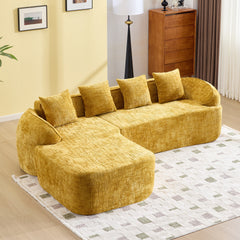 Yellow chenille L-shaped compressed sofa that goes well with any living room. It features high-elastic sponge for a comfortable sitting feel,  curved armrests and four throw pillows.