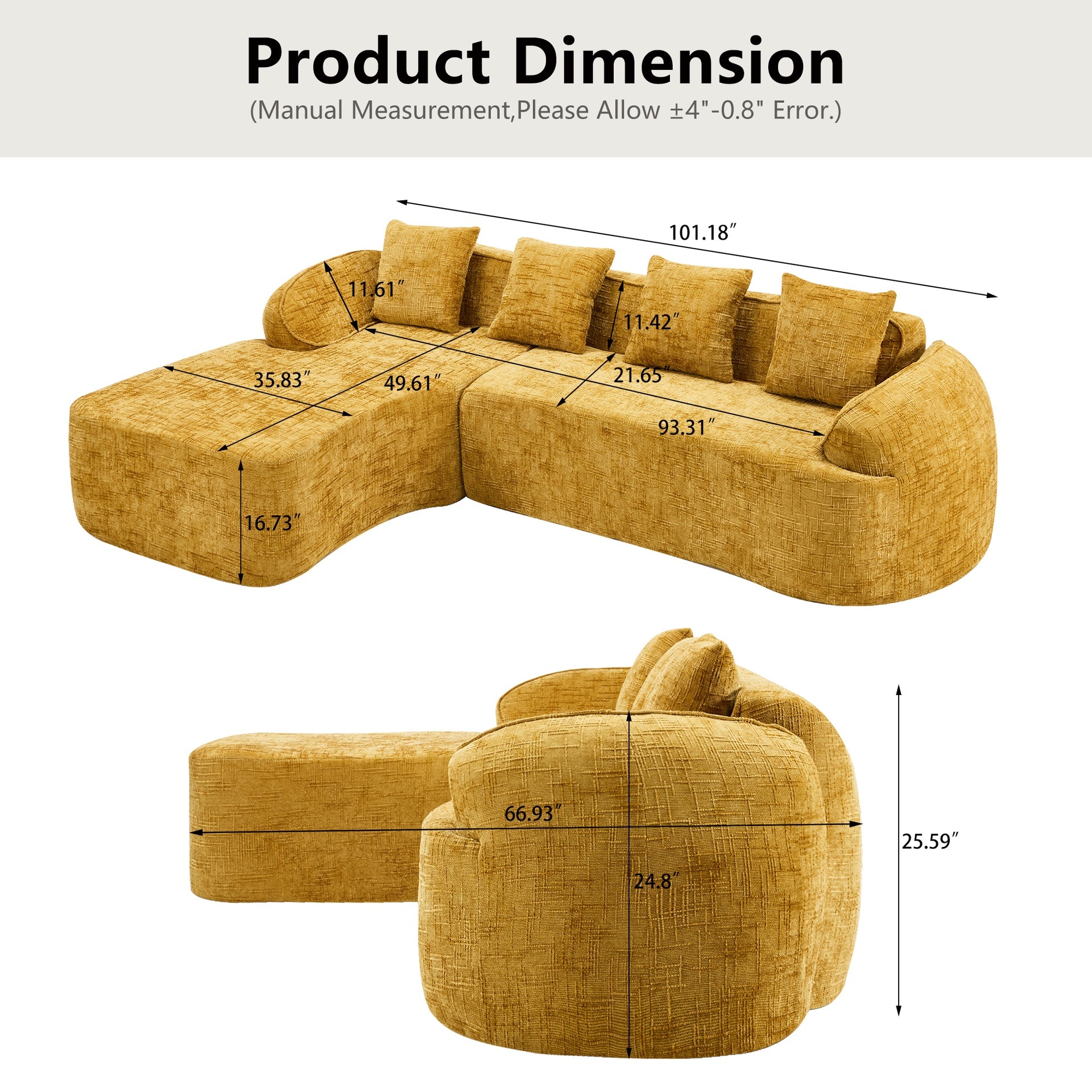 Yellow chenille L-shaped compressed sofa that goes well with any living room. It features high-elastic sponge for a comfortable sitting feel,  curved armrests and four throw pillows.