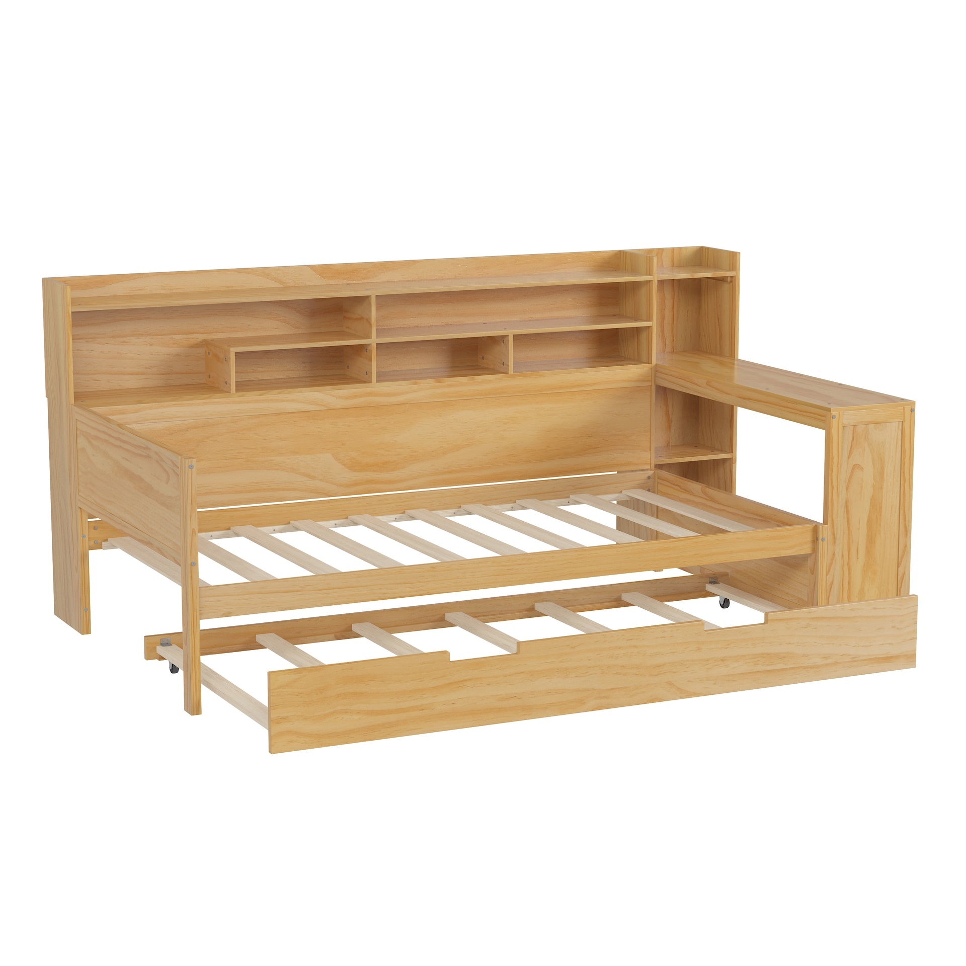 Wooden Twin Size Daybed with Storage Shelves, Multi-functional Bed with Twin Size Trundle Bed and  Study Desk, Natural