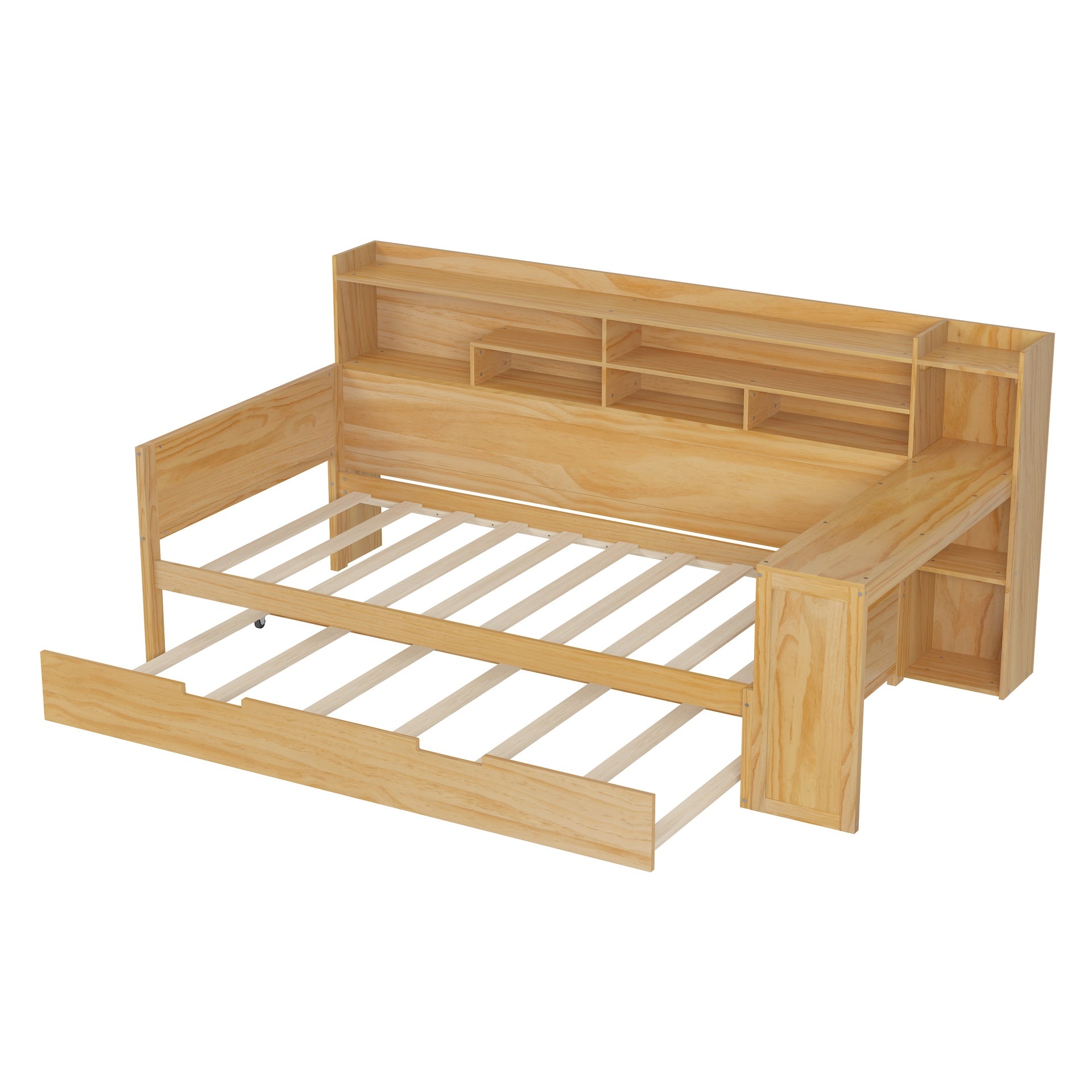 Wooden Twin Size Daybed with Storage Shelves, Multi-functional Bed with Twin Size Trundle Bed and  Study Desk, Natural