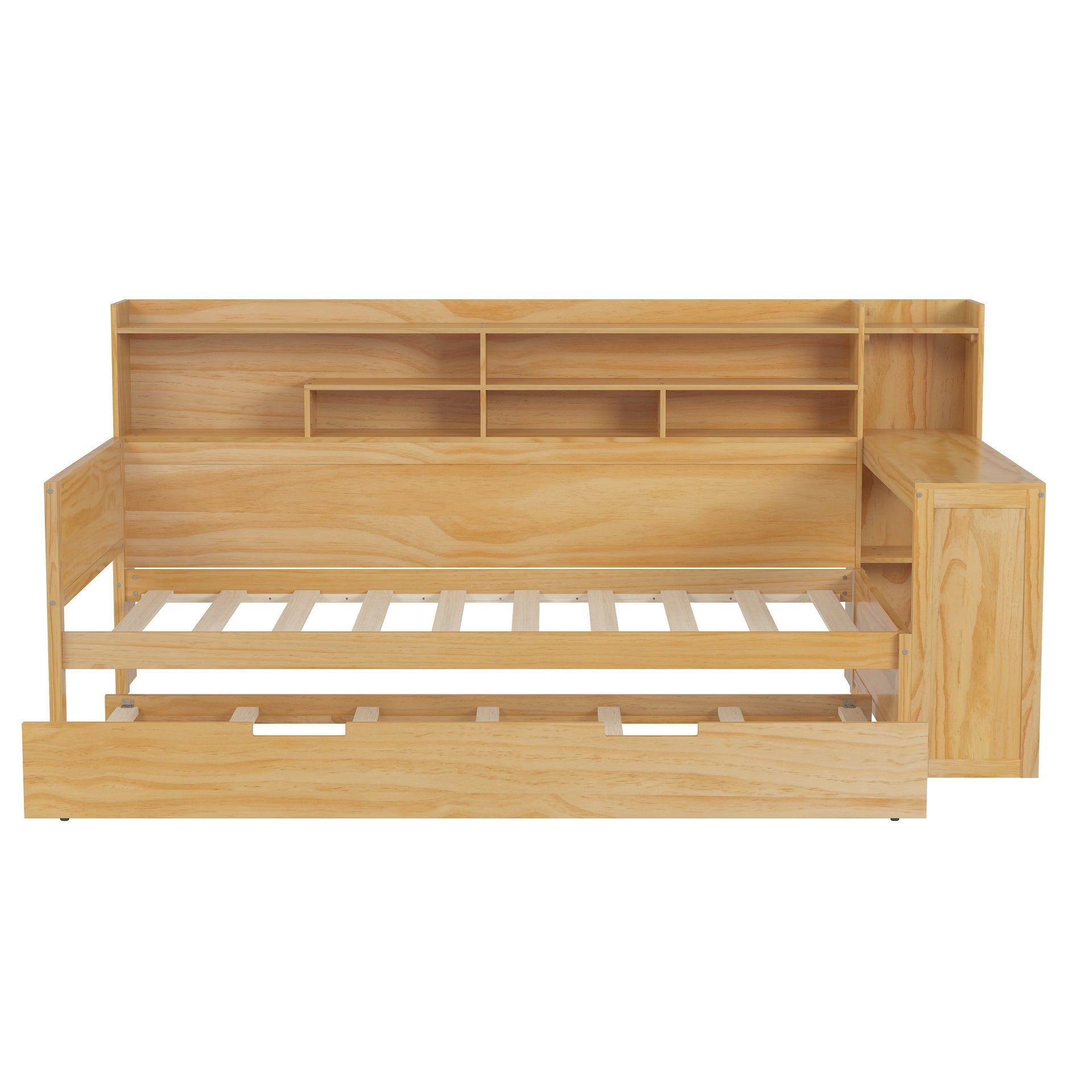 Wooden Twin Size Daybed with Storage Shelves, Multi-functional Bed with Twin Size Trundle Bed and  Study Desk, Natural