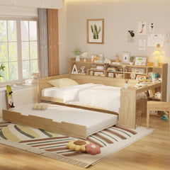 Wooden Twin Size Daybed with Storage Shelves, Multi-functional Bed with Twin Size Trundle Bed and  Study Desk, Natural