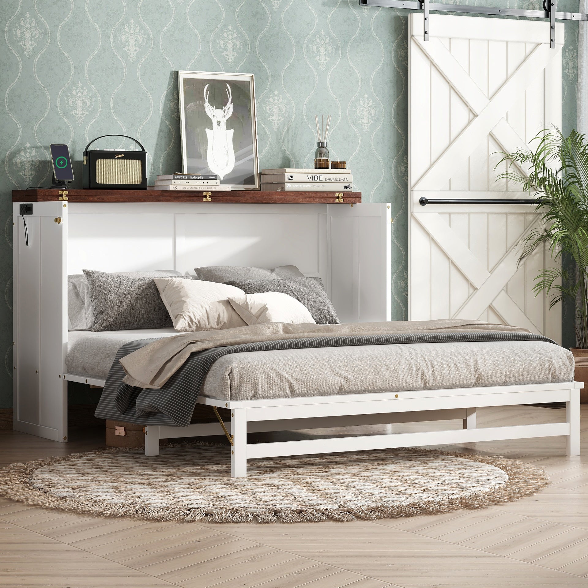 Murphy Bed Cabinet Queen with Storage Drawer and Charging Station, USB Port, Solid Pine Murphy Bedframe for Home Office, Studio or Guest Room,White-walnut