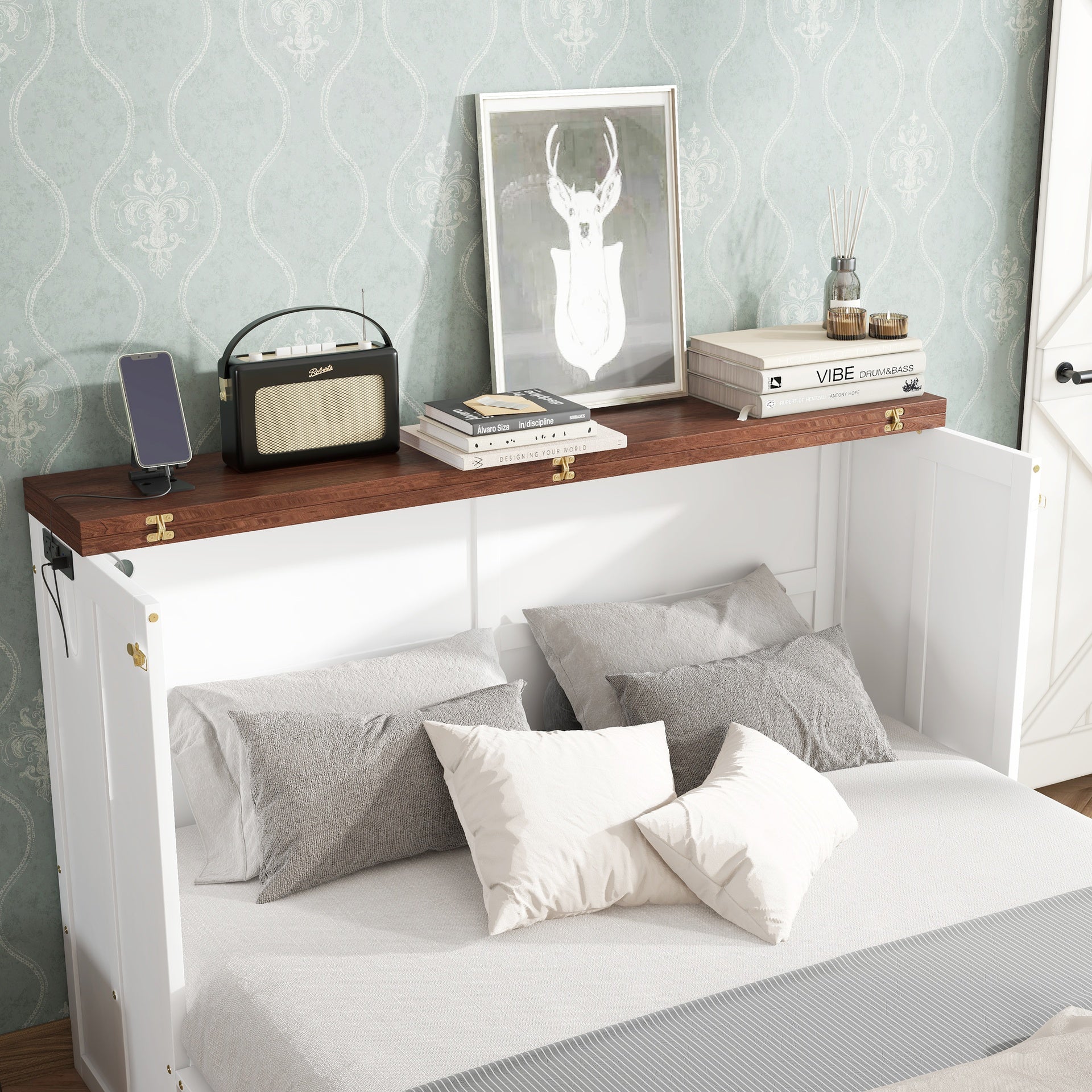 Murphy Bed Cabinet Queen with Storage Drawer and Charging Station, USB Port, Solid Pine Murphy Bedframe for Home Office, Studio or Guest Room,White-walnut