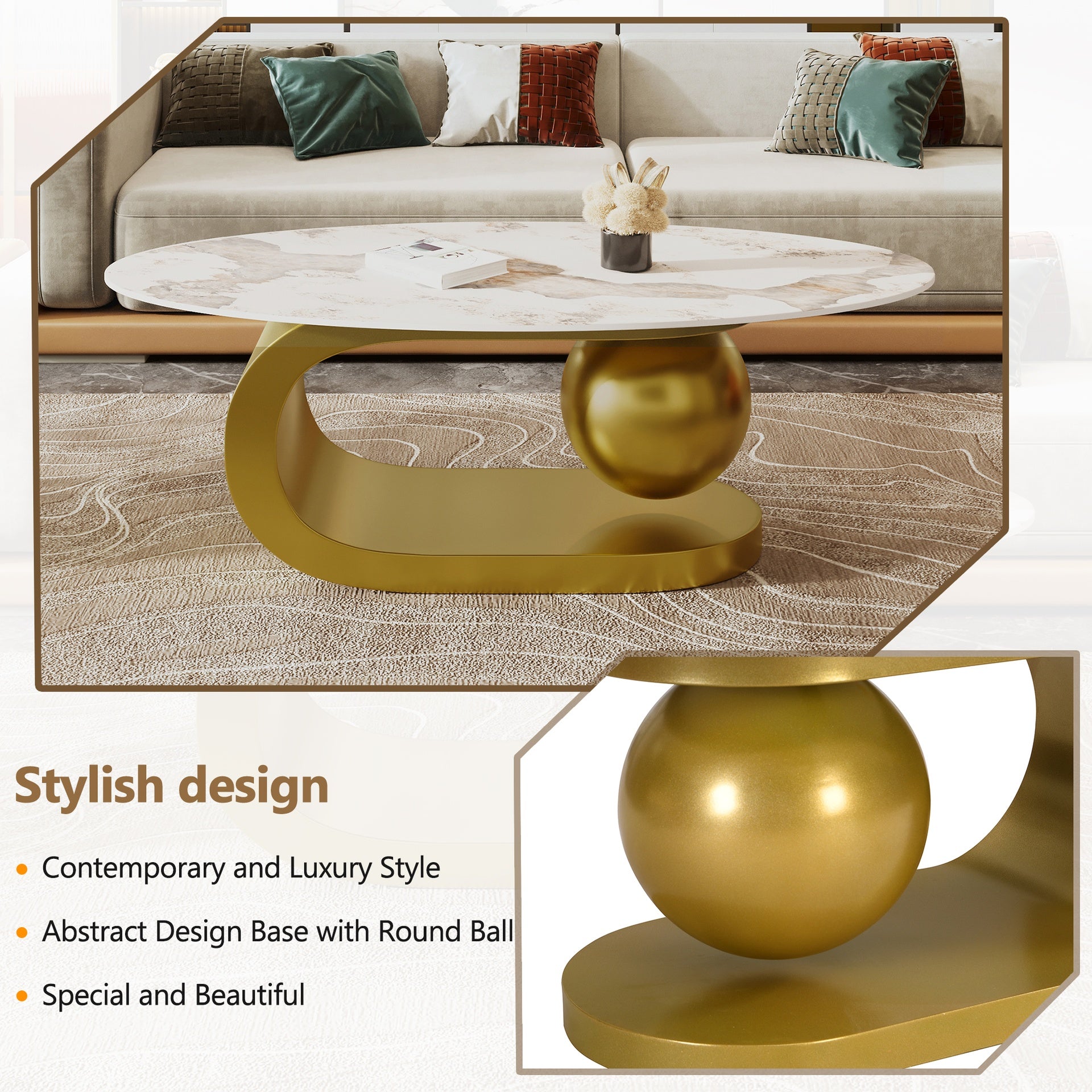 Modern Oval Coffee Table for Living Room, Marble Pattern Sintered Stone Coffee Tabletop with Gold Stainless Steel Base in 47.2"