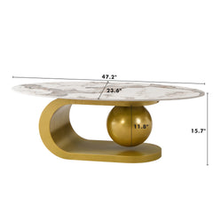 Modern Oval Coffee Table for Living Room, Marble Pattern Sintered Stone Coffee Tabletop with Gold Stainless Steel Base in 47.2"
