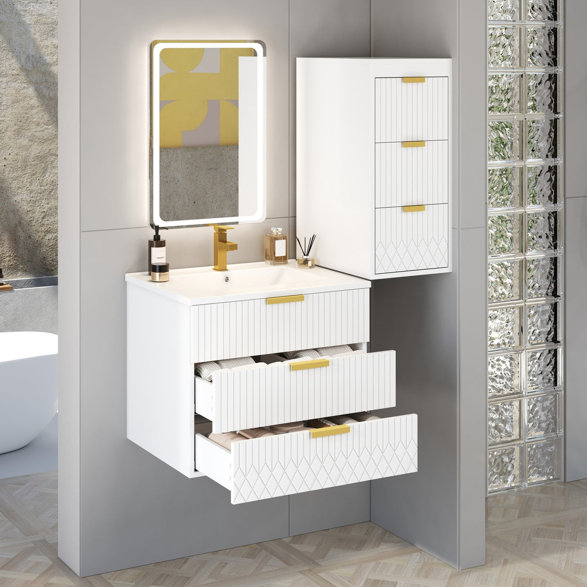 24inch Wall Mounted Floating Cabinet with Side Cabinet Combo, Rectangular Vanity, Small Bathroom Sink With Single Faucet Hole and Overflow, Modern Bathroom Cabinet with Ceramic Basin Sink