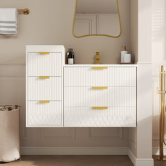 24inch Wall Mounted Floating Cabinet with Side Cabinet Combo, Rectangular Vanity, Small Bathroom Sink With Single Faucet Hole and Overflow, Modern Bathroom Cabinet with Ceramic Basin Sink