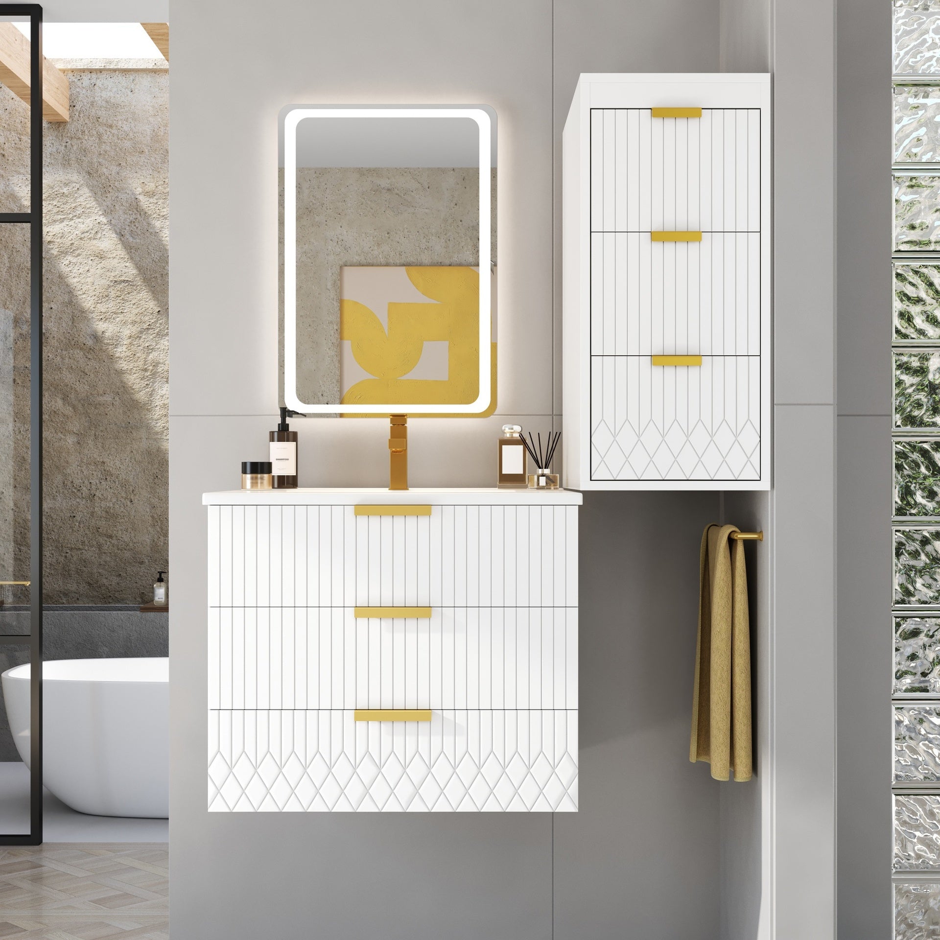 24inch Wall Mounted Floating Cabinet with Side Cabinet Combo, Rectangular Vanity, Small Bathroom Sink With Single Faucet Hole and Overflow, Modern Bathroom Cabinet with Ceramic Basin Sink