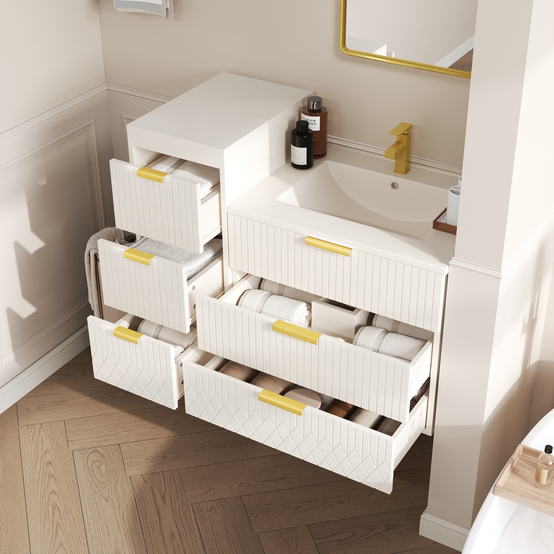 24inch Wall Mounted Floating Cabinet with Side Cabinet Combo, Rectangular Vanity, Small Bathroom Sink With Single Faucet Hole and Overflow, Modern Bathroom Cabinet with Ceramic Basin Sink