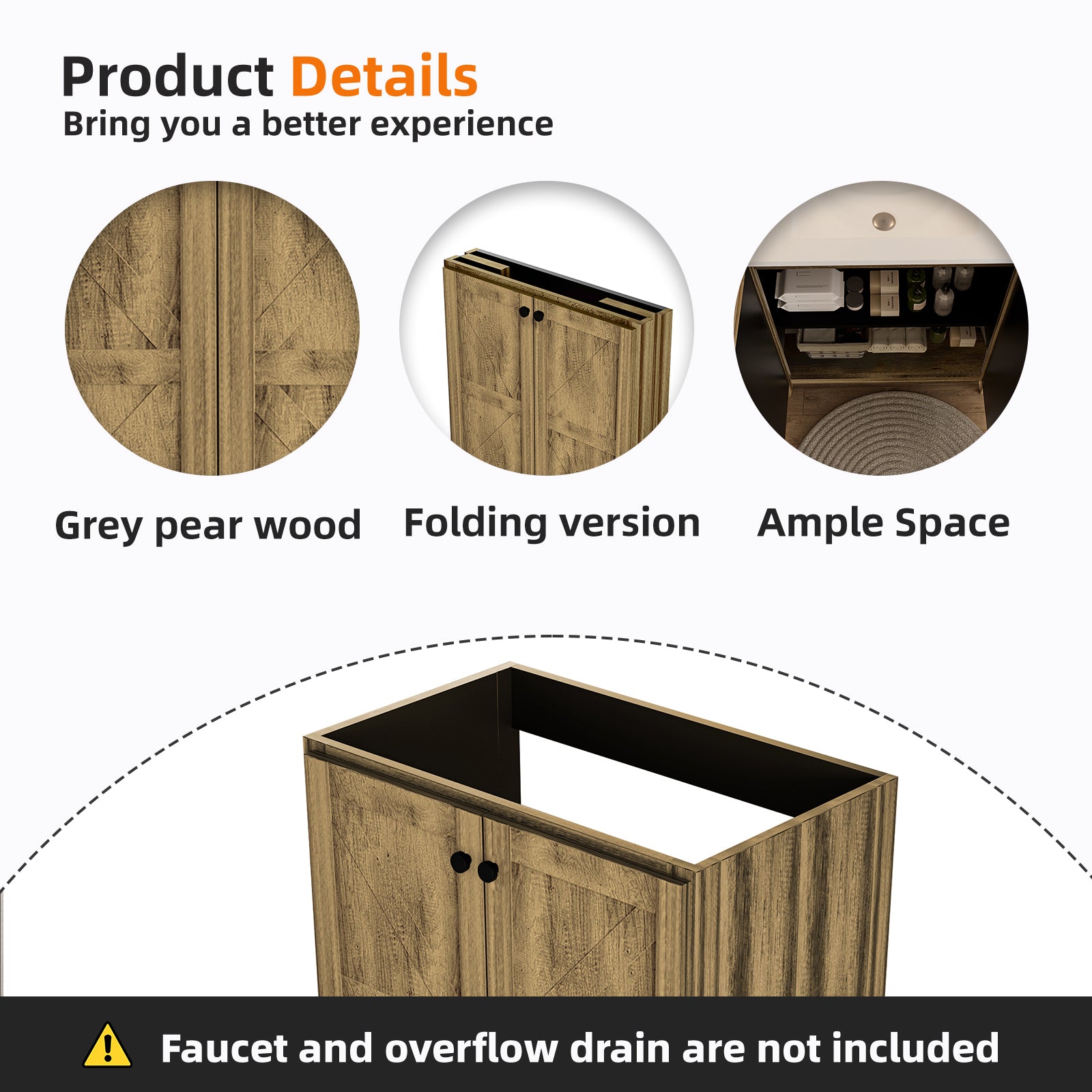 30inch foldable floor-standing bathroom cabinet without basin