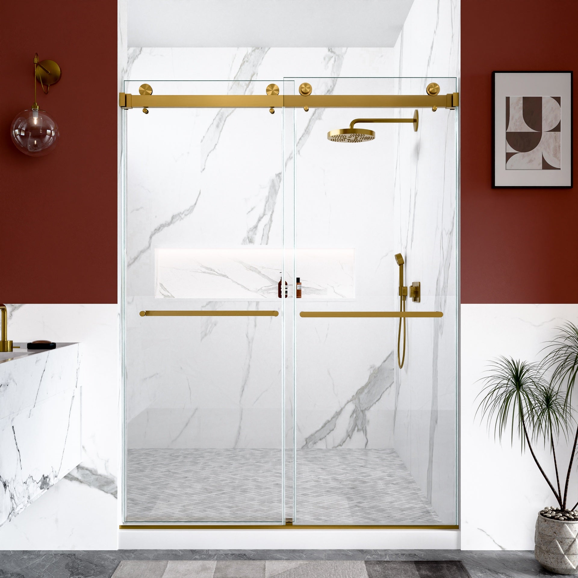 56"-60"W x 80"H Frameless Double Sliding  Shower Door, 3/8 inches (10mm) Thick SGCC Tempered Glass Door, Brushed Gold