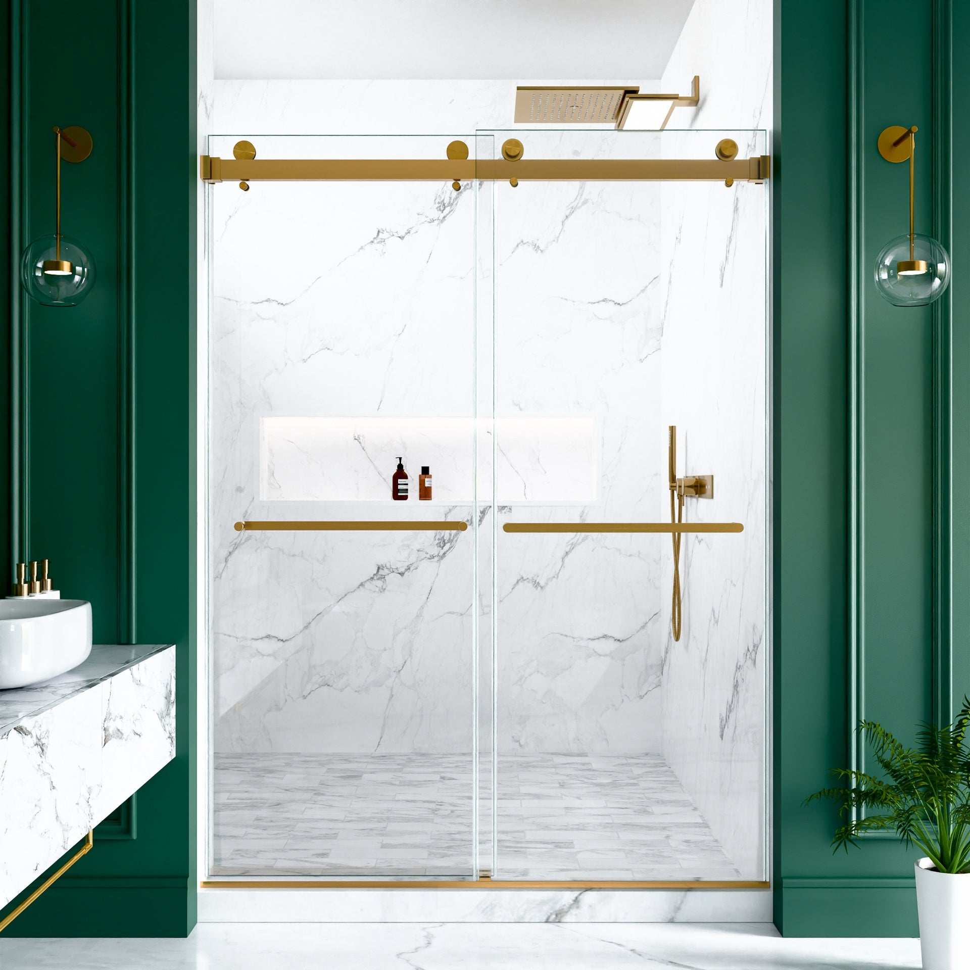 56"-60"W x 80"H Frameless Double Sliding  Shower Door, 3/8 inches (10mm) Thick SGCC Tempered Glass Door, Brushed Gold
