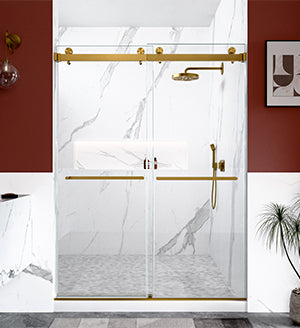 56"-60"W x 80"H Frameless Double Sliding  Shower Door, 3/8 inches (10mm) Thick SGCC Tempered Glass Door, Brushed Gold