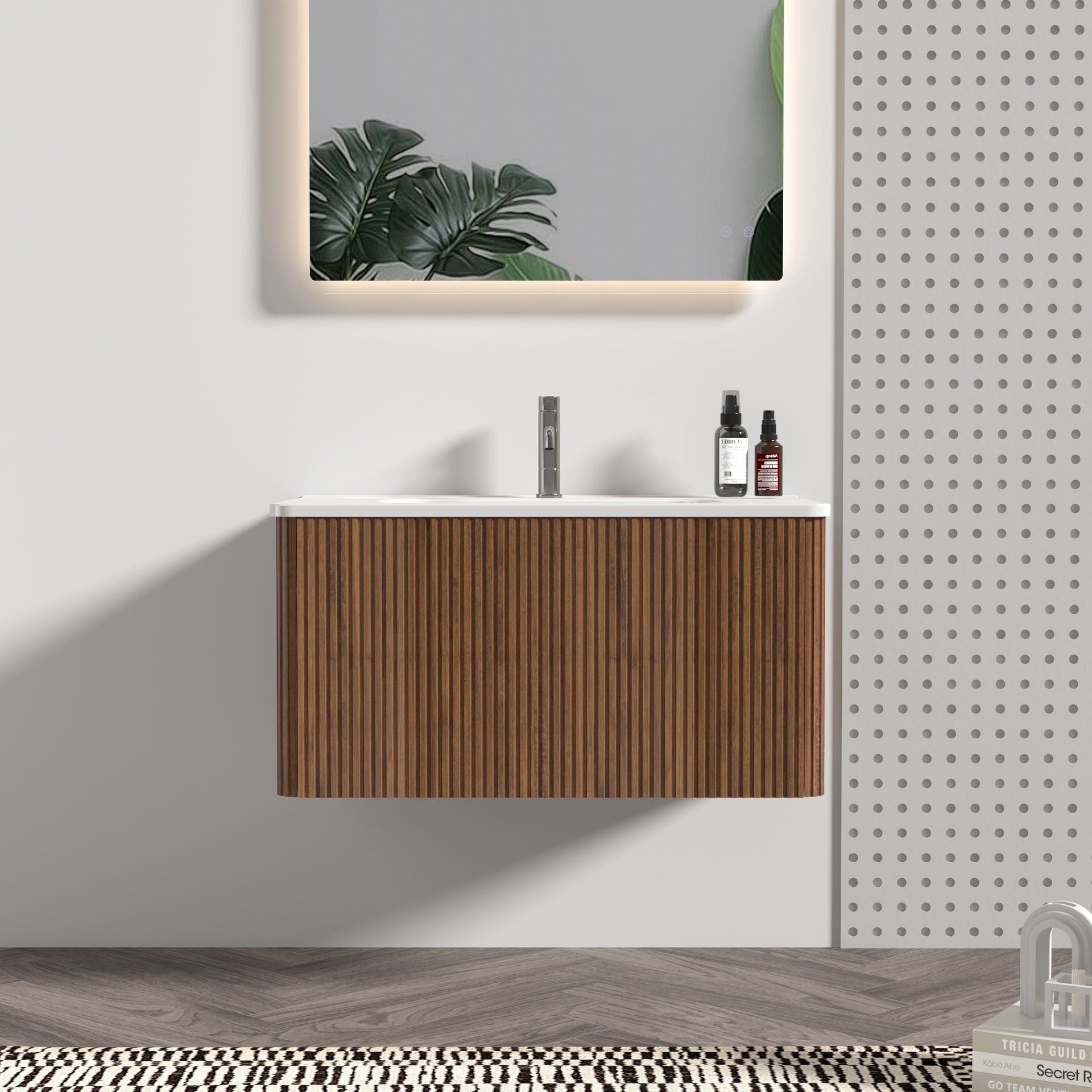 Etna 30" Striped Walnut Bathroom Vanity with White Ceramic Sink, Wall Mounted Floating Bathroom Vanity for Modern Bathroom, KD