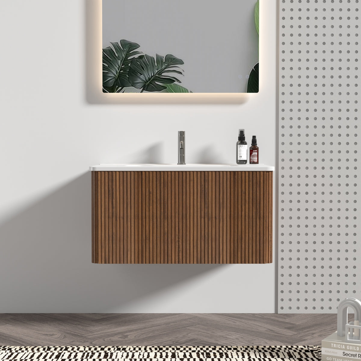 Etna 30" Striped Walnut Bathroom Vanity with White Ceramic Sink, Wall Mounted Floating Bathroom Vanity for Modern Bathroom, KD