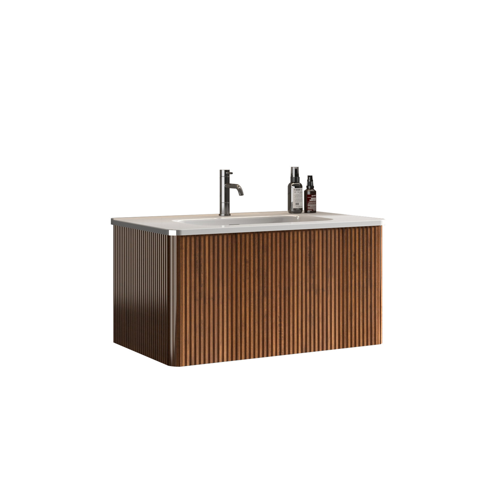 Etna 30" Striped Walnut Bathroom Vanity with White Ceramic Sink, Wall Mounted Floating Bathroom Vanity for Modern Bathroom, KD