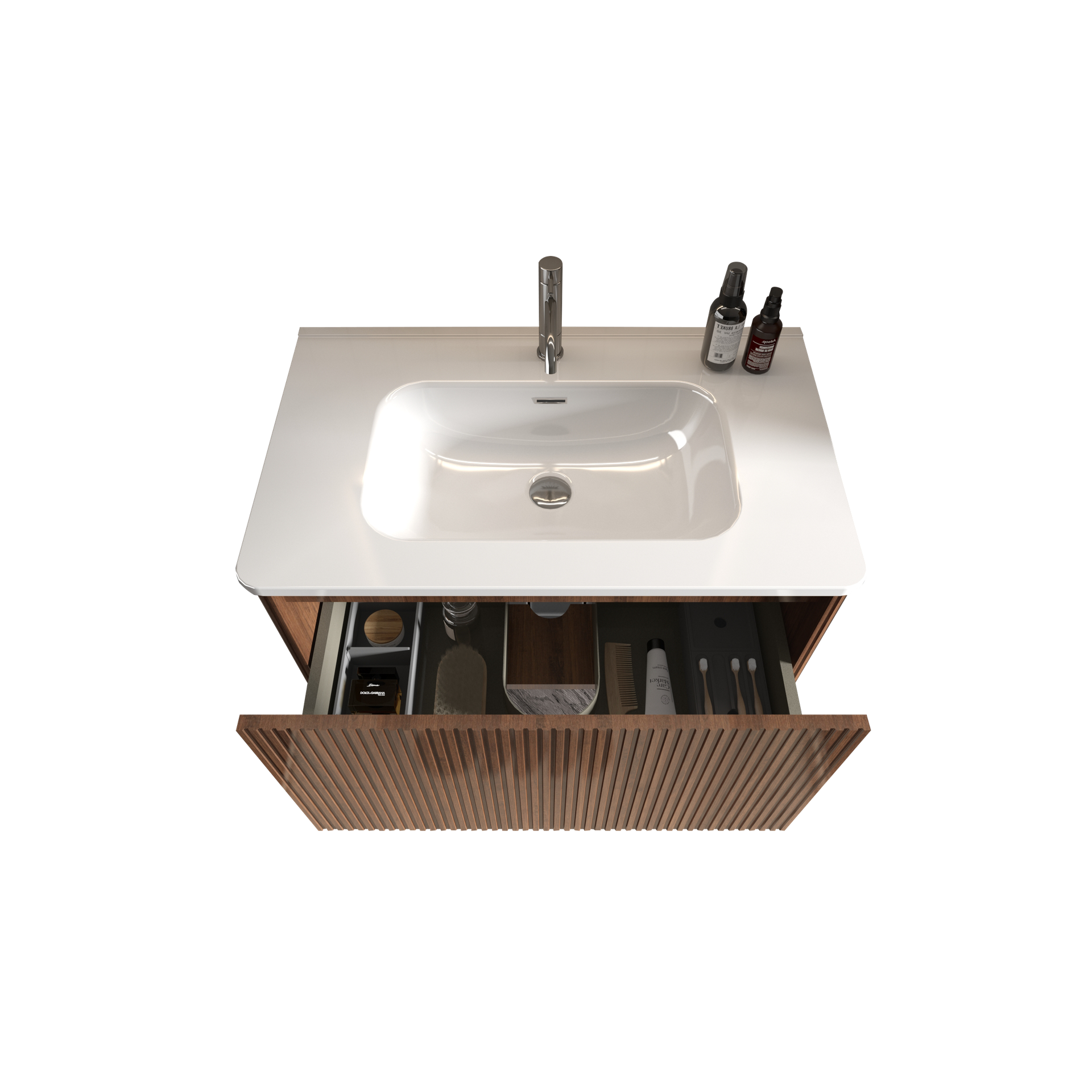 Etna 30" Striped Walnut Bathroom Vanity with White Ceramic Sink, Wall Mounted Floating Bathroom Vanity for Modern Bathroom, KD