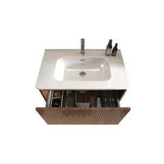 Etna 30" Striped Walnut Bathroom Vanity with White Ceramic Sink, Wall Mounted Floating Bathroom Vanity for Modern Bathroom, KD