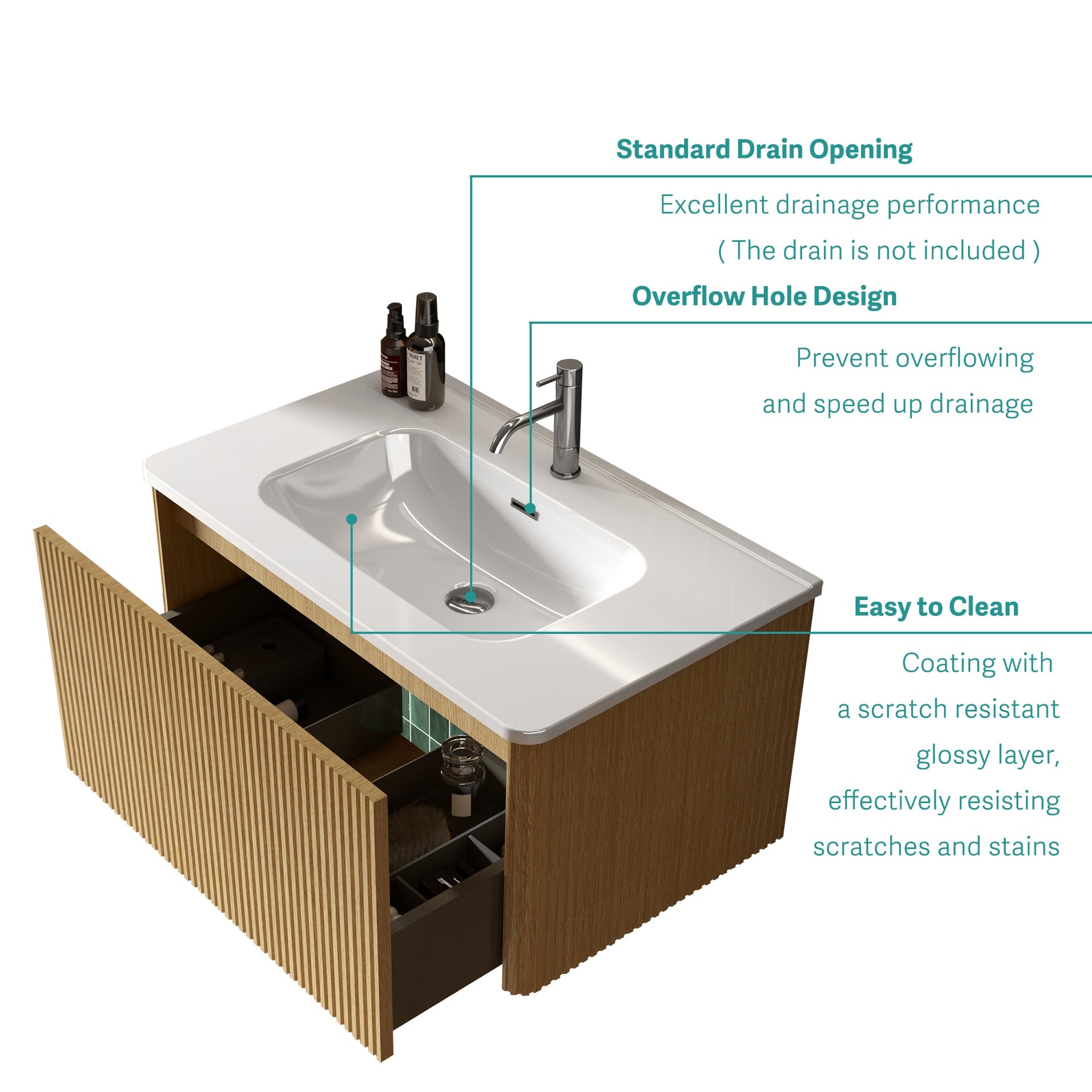 BB04-30-301, Integrated white ceramic basin, drain not included