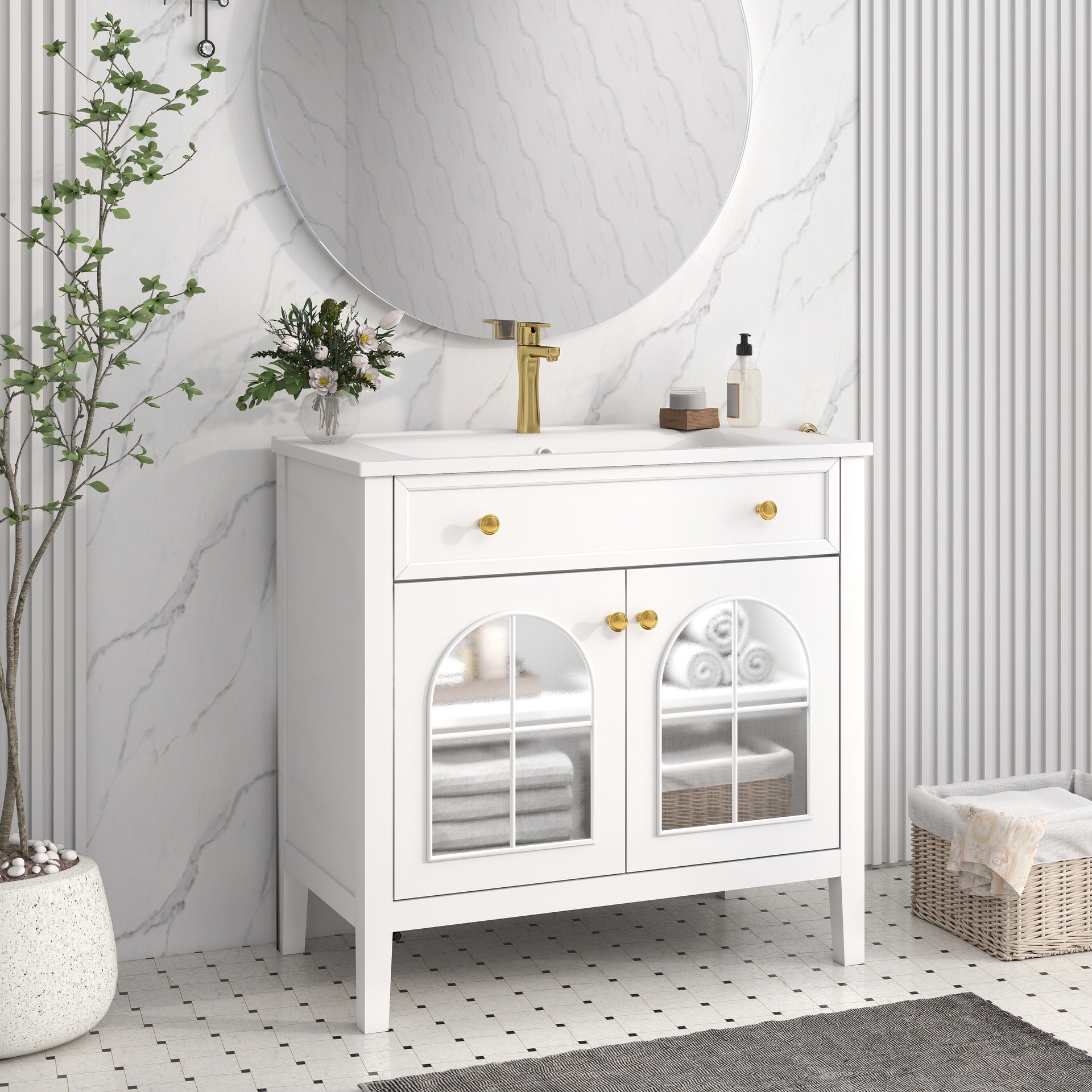 35.6" Mid-Century Bathroom Vanity Sink with Patterned Glass & Motion-sensor Light Strip, Farmhouse Freestanding Bathroom Vanity Sink with Storage, High-end Restroom Vanity Cabinet,White