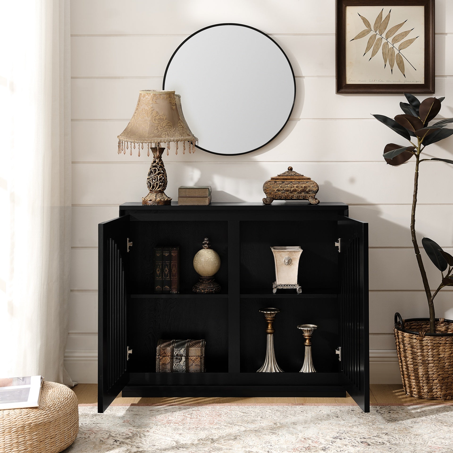 Mid Century Modern Fluted Sideboard Cabinet with 2 Outlet Holes, Buffet Cabinet with Storage, Narrow Side Cabinet for Living Room Entryway Hallway Kitchen Coffee Bar, Black