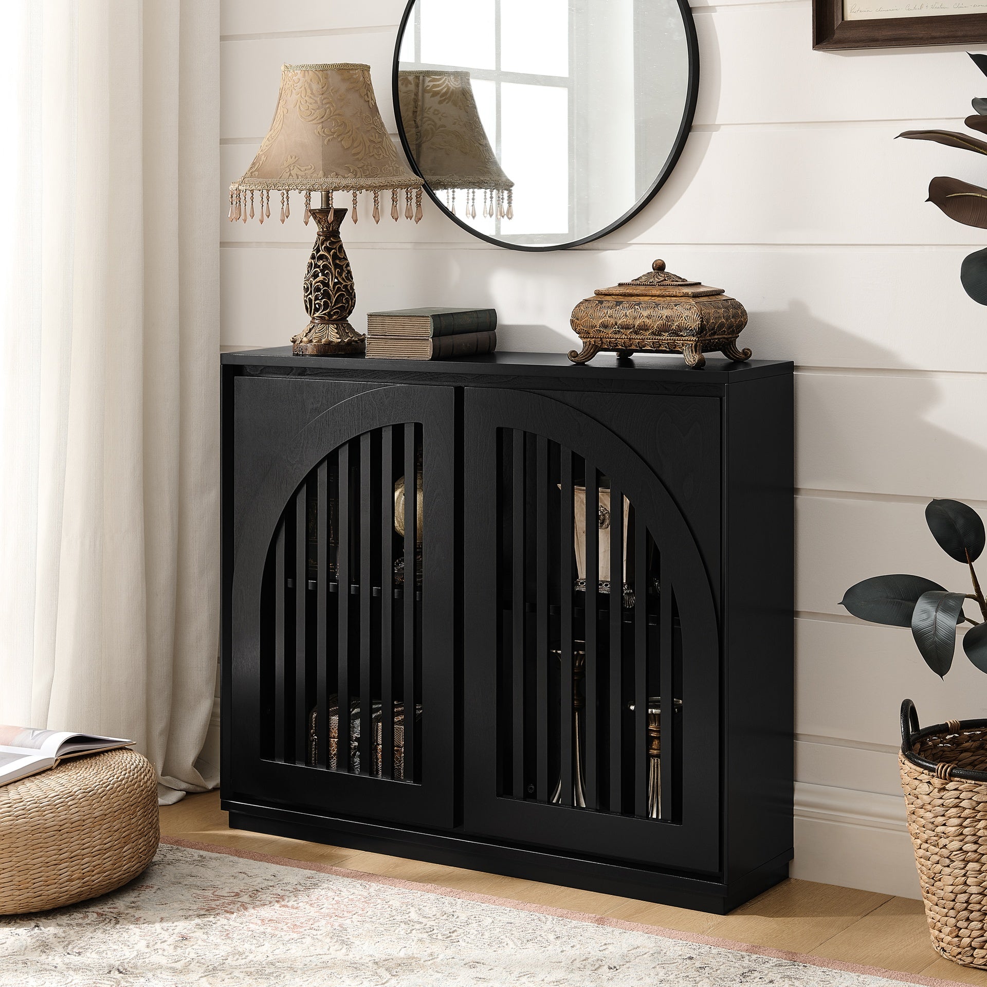 Mid Century Modern Fluted Sideboard Cabinet with 2 Outlet Holes, Buffet Cabinet with Storage, Narrow Side Cabinet for Living Room Entryway Hallway Kitchen Coffee Bar, Black