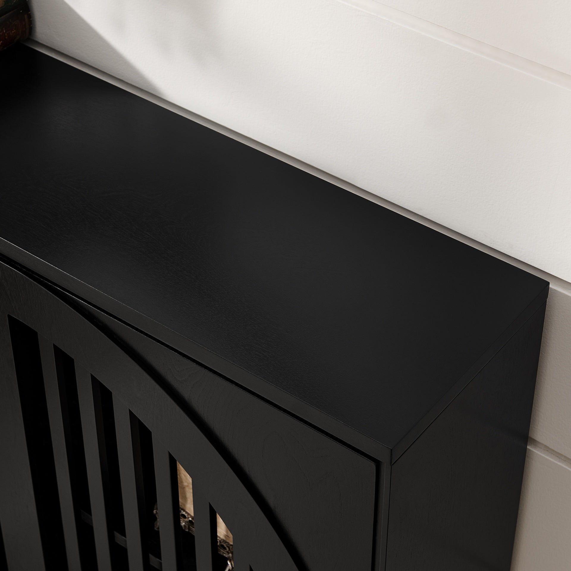 Mid Century Modern Fluted Sideboard Cabinet with 2 Outlet Holes, Buffet Cabinet with Storage, Narrow Side Cabinet for Living Room Entryway Hallway Kitchen Coffee Bar, Black