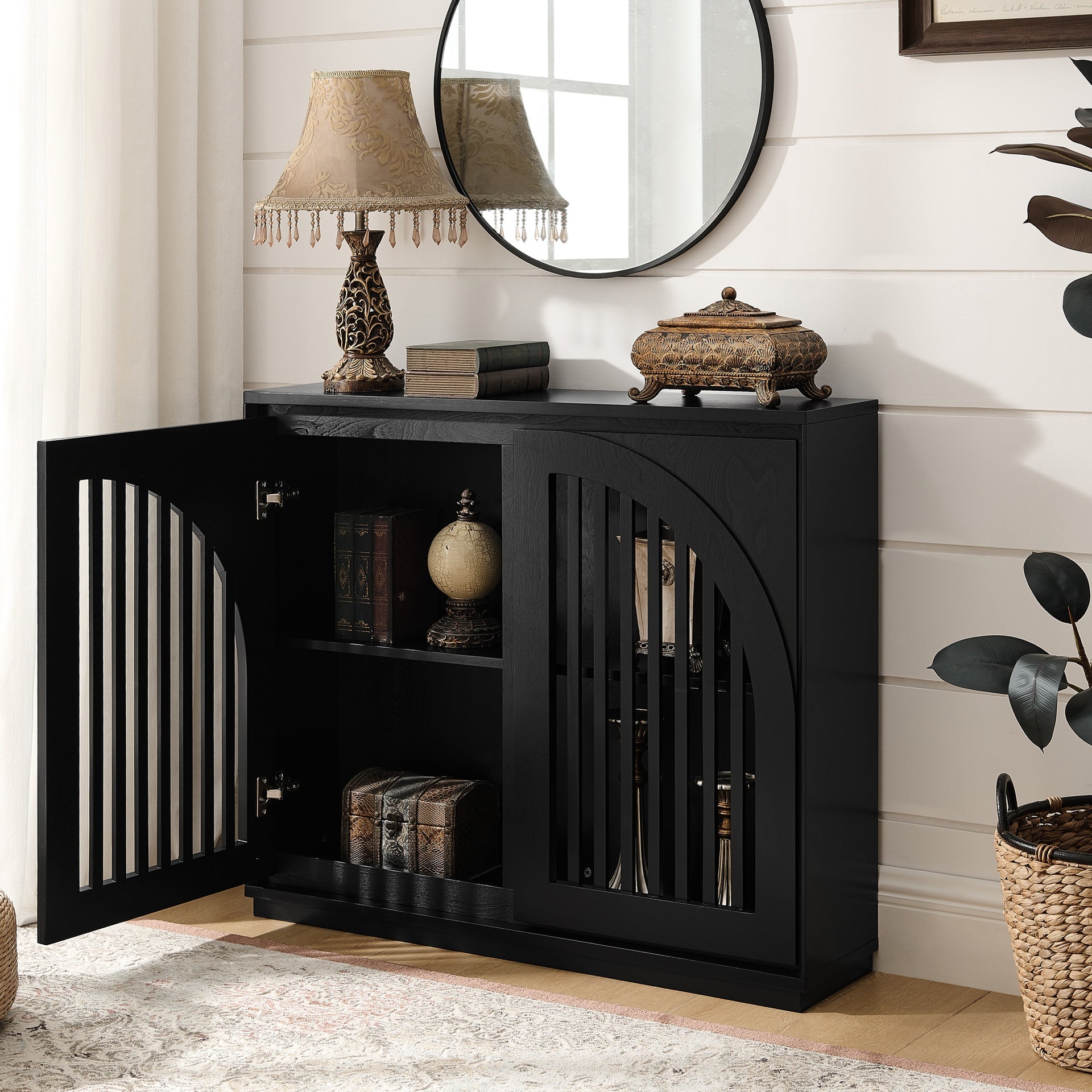 Mid Century Modern Fluted Sideboard Cabinet with 2 Outlet Holes, Buffet Cabinet with Storage, Narrow Side Cabinet for Living Room Entryway Hallway Kitchen Coffee Bar, Black
