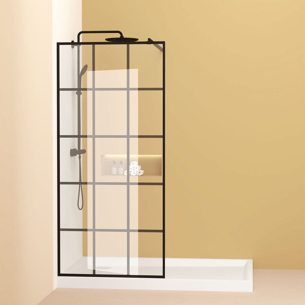 Framed Glass Shower Screen 34" Width x 72"Height with 1/4" 6mm Silk-printing Tempered Glass, Matte black aluminum and support bar, Shower door