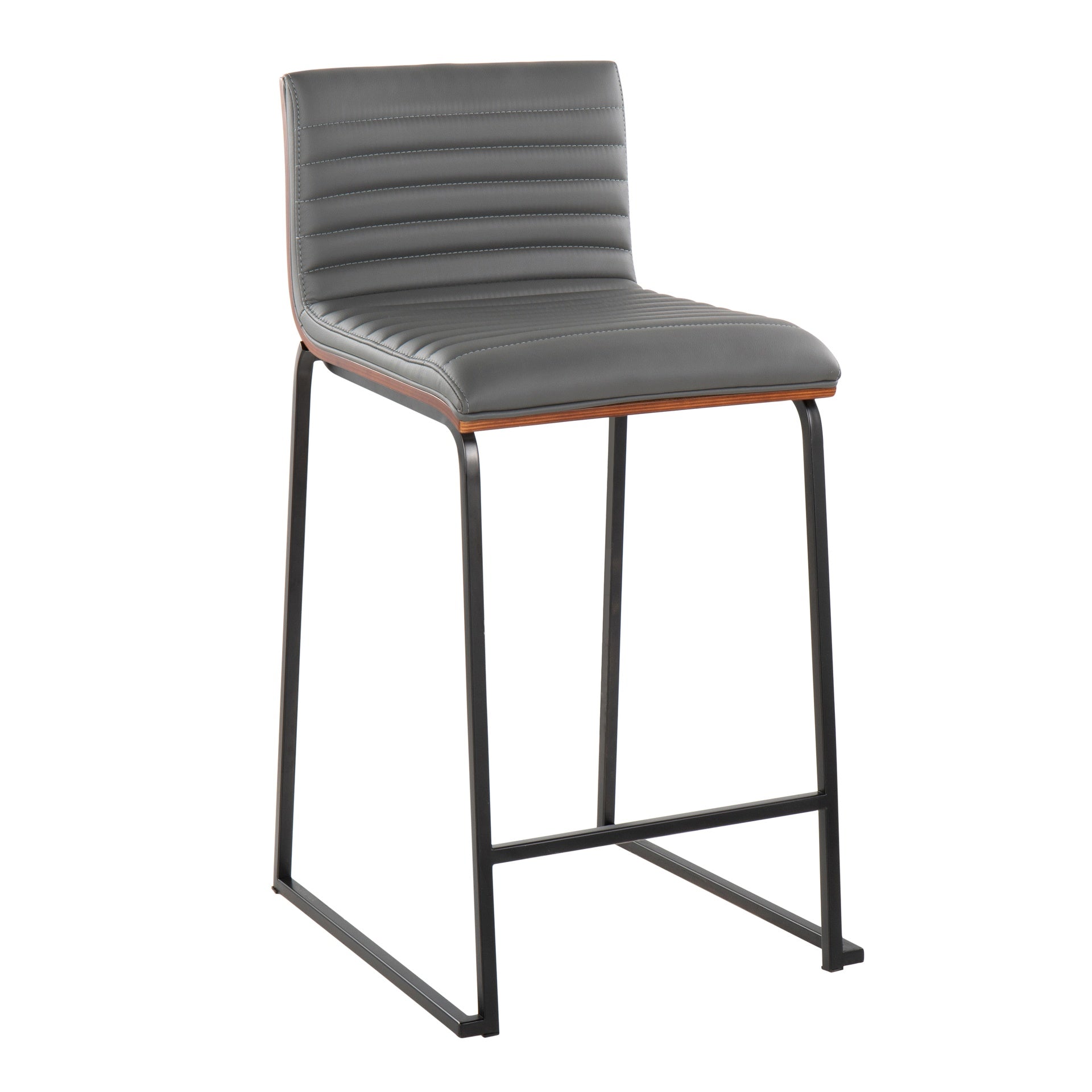 Mason Mara 26" Contemporary Fixed-Height Counter Stool in Black Metal, Walnut Wood and Grey Faux Leather by LumiSource - Set of 2