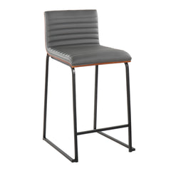 Mason Mara 26" Contemporary Fixed-Height Counter Stool in Black Metal, Walnut Wood and Grey Faux Leather by LumiSource - Set of 2