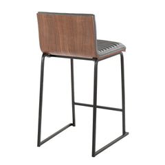 Mason Mara 26" Contemporary Fixed-Height Counter Stool in Black Metal, Walnut Wood and Grey Faux Leather by LumiSource - Set of 2