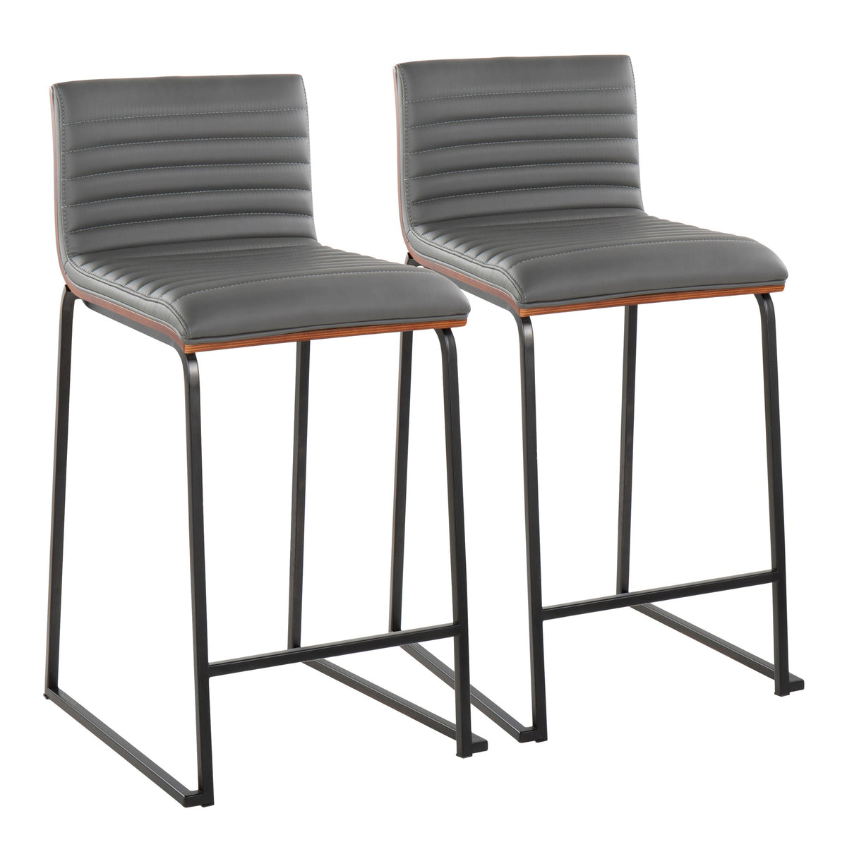 Mason Mara 26" Contemporary Fixed-Height Counter Stool in Black Metal, Walnut Wood and Grey Faux Leather by LumiSource - Set of 2