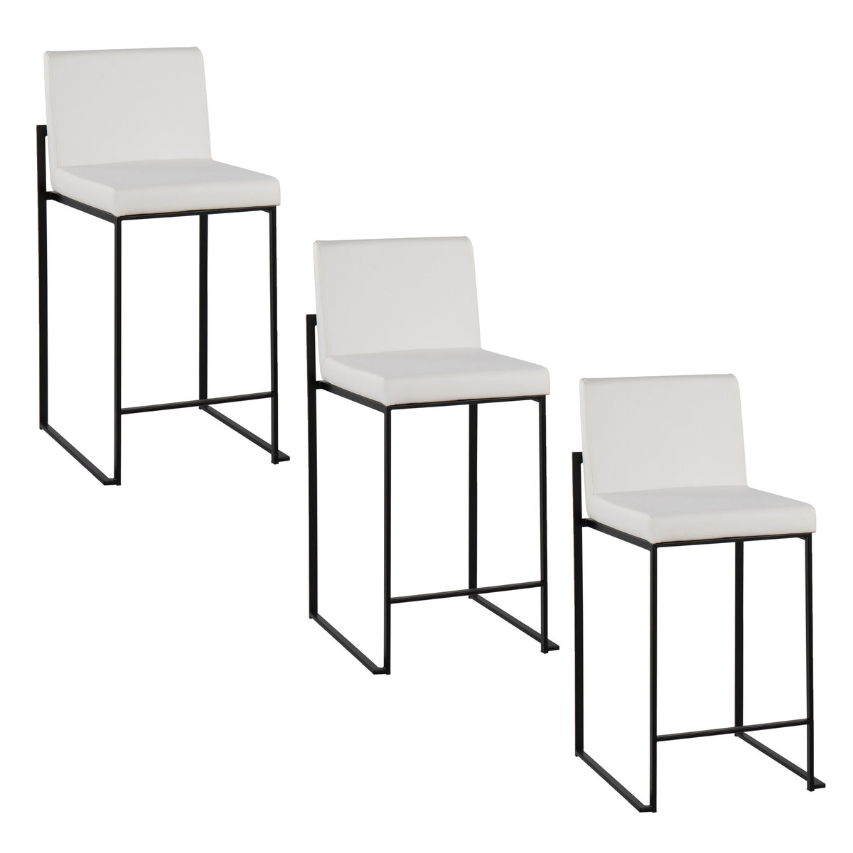 Fuji 26" Contemporary High Back Counter Stool in Black Steel and White Faux Leather by LumiSource - Set of 3