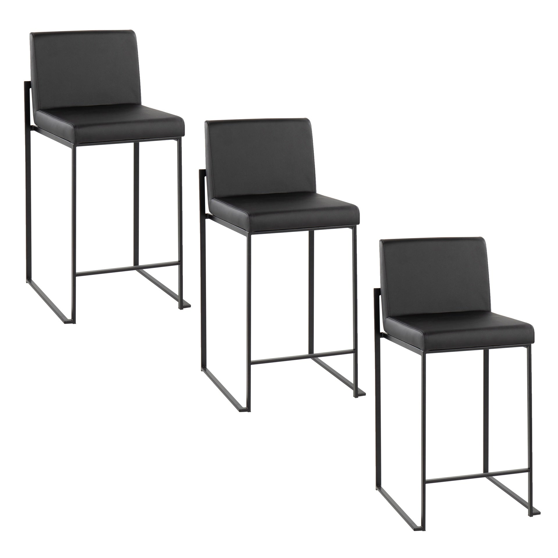 Fuji 26" Contemporary High Back Counter Stool in Black Steel and Black Faux Leather by LumiSource - Set of 3