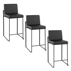 Fuji 26" Contemporary High Back Counter Stool in Black Steel and Black Faux Leather by LumiSource - Set of 3