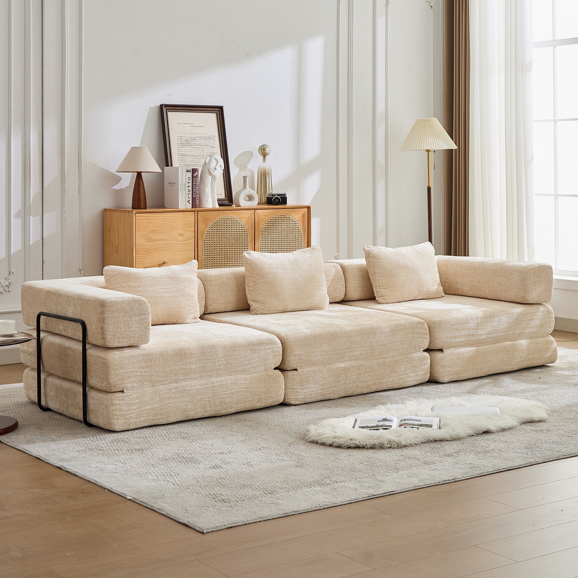 Compression Sofa,Convertible Floor Sofa Bed with Fixed-Shape Frame, Boneless Modular Sectional Sofa,No Assembly Required,Chenille fabric,for Living Room Bedroom,Beige