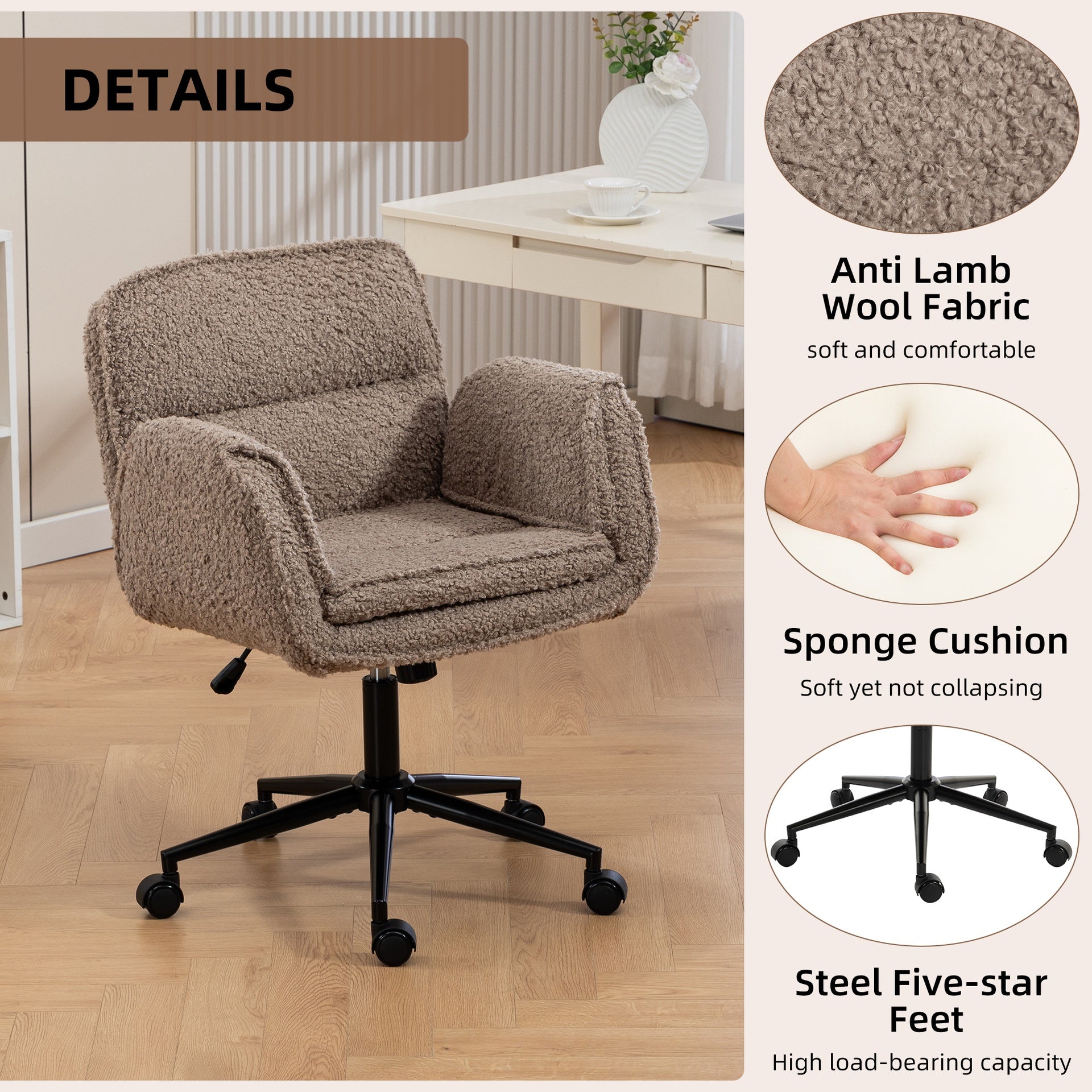Criss Cross Chair with 5-Gear Adjustable Armrests & Wheels, Ergonomic Thickened Backrest Swivel Desk Chair for Home Office, Vanity, Bedroom and Living Room,brown Teddy fleece