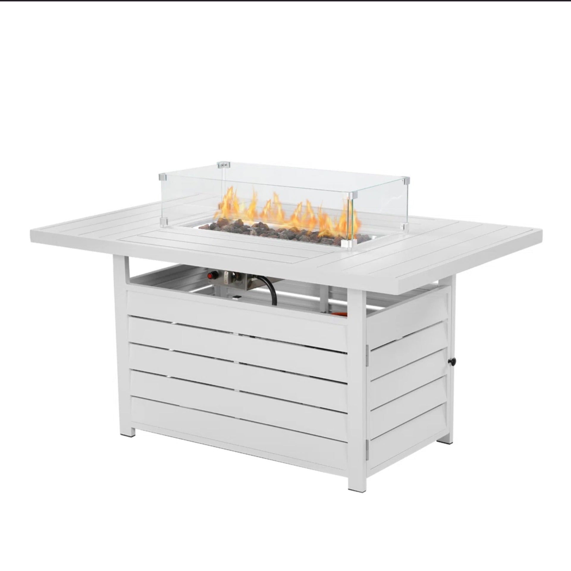 54.3 Inches Outdoor Patio White Aluminum Fire Pit Table, 50000 BTU CSA Certified Propane Gas Fire Pit, Rectangular Fire Table w/Stainless Burner, Lava Rock, Waterproof Cover